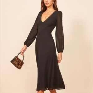 Reformation Joy Cut Out Back V Neck Long Sleeve Midi Dress Size 6 Black